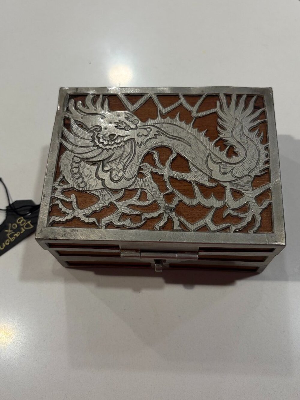 Asian-Inspired Silver-Tone Dragon Wooden Jewelry Keepsake Box with Mirror